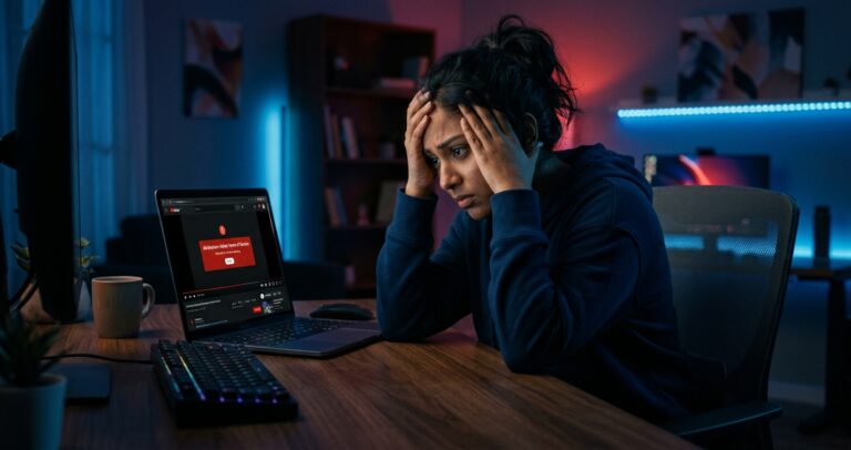 Frustrated user seeing ad blockers violate YouTube terms of service warning on laptop screen